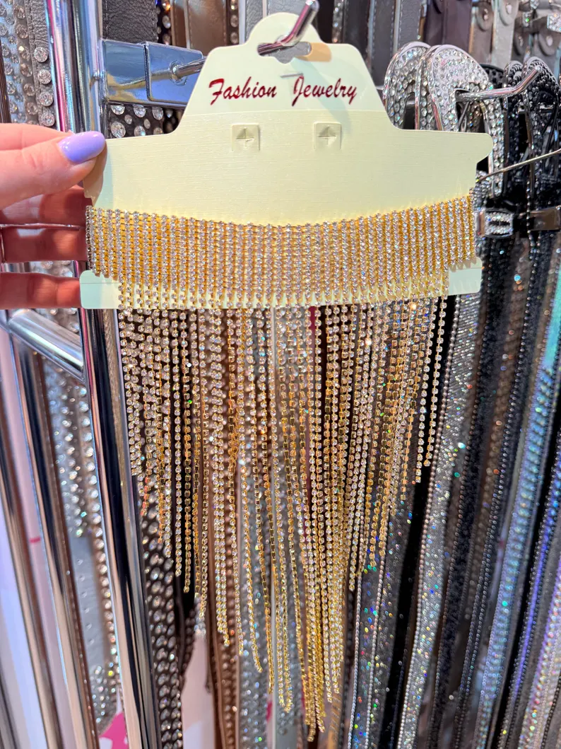 GLAM Fringe Choker – Gold Rhinestone Statement Necklace – Festival Cowgirl Schmuck